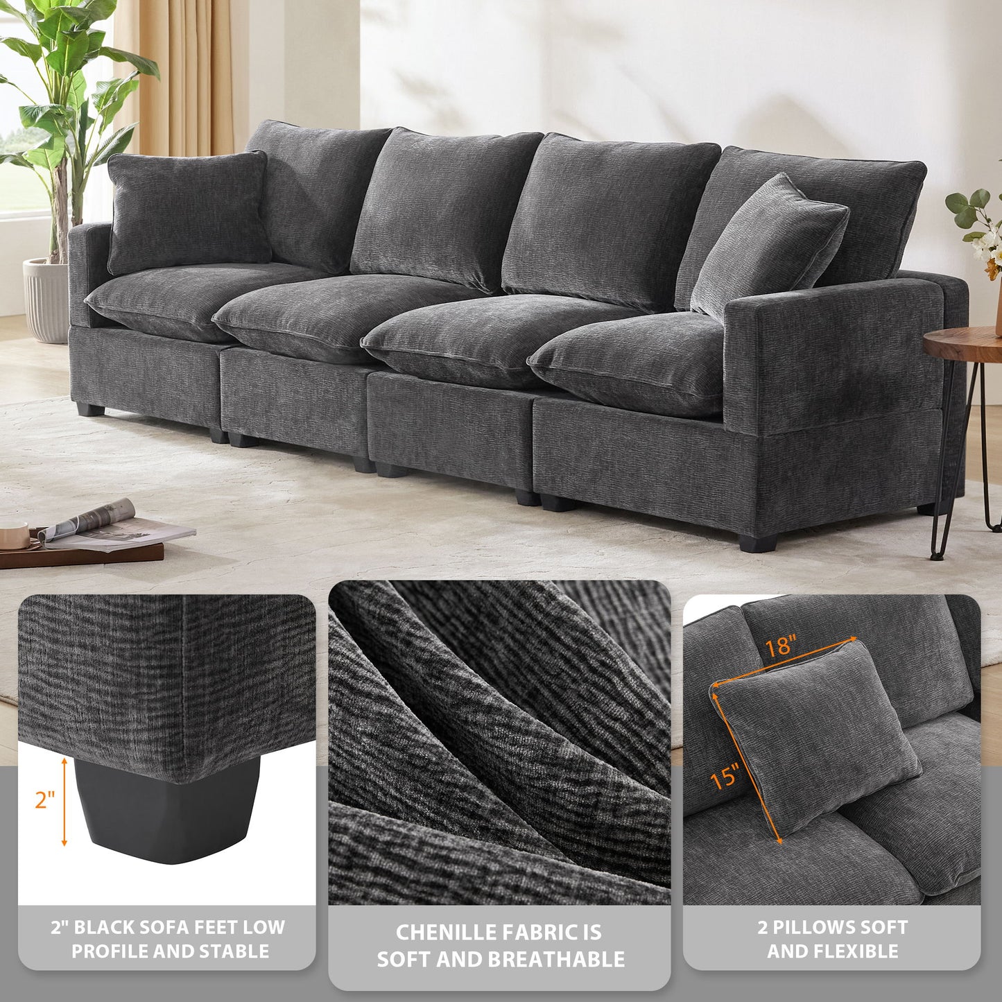 Modern Modular Sofa, 4 Seat Chenille Sectional Couch Set With 2 Pillows Included, Freely Combinable Indoor Funiture - Black / Gray