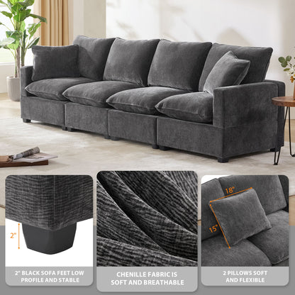 Modern Modular Sofa, 4 Seat Chenille Sectional Couch Set With 2 Pillows Included, Freely Combinable Indoor Funiture - Black / Gray