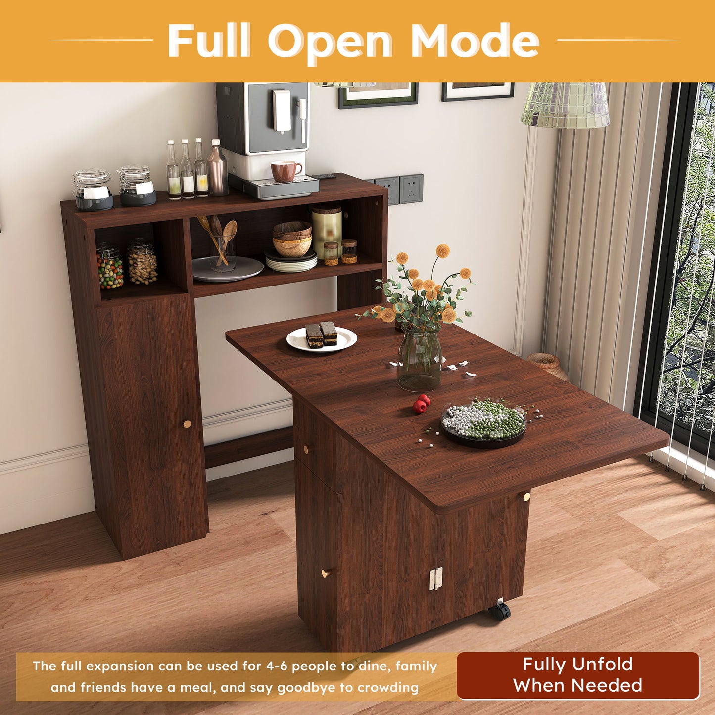 Multifunctional Folding Dining Table With Wall Mounted Sideboard & Storage - Walnut