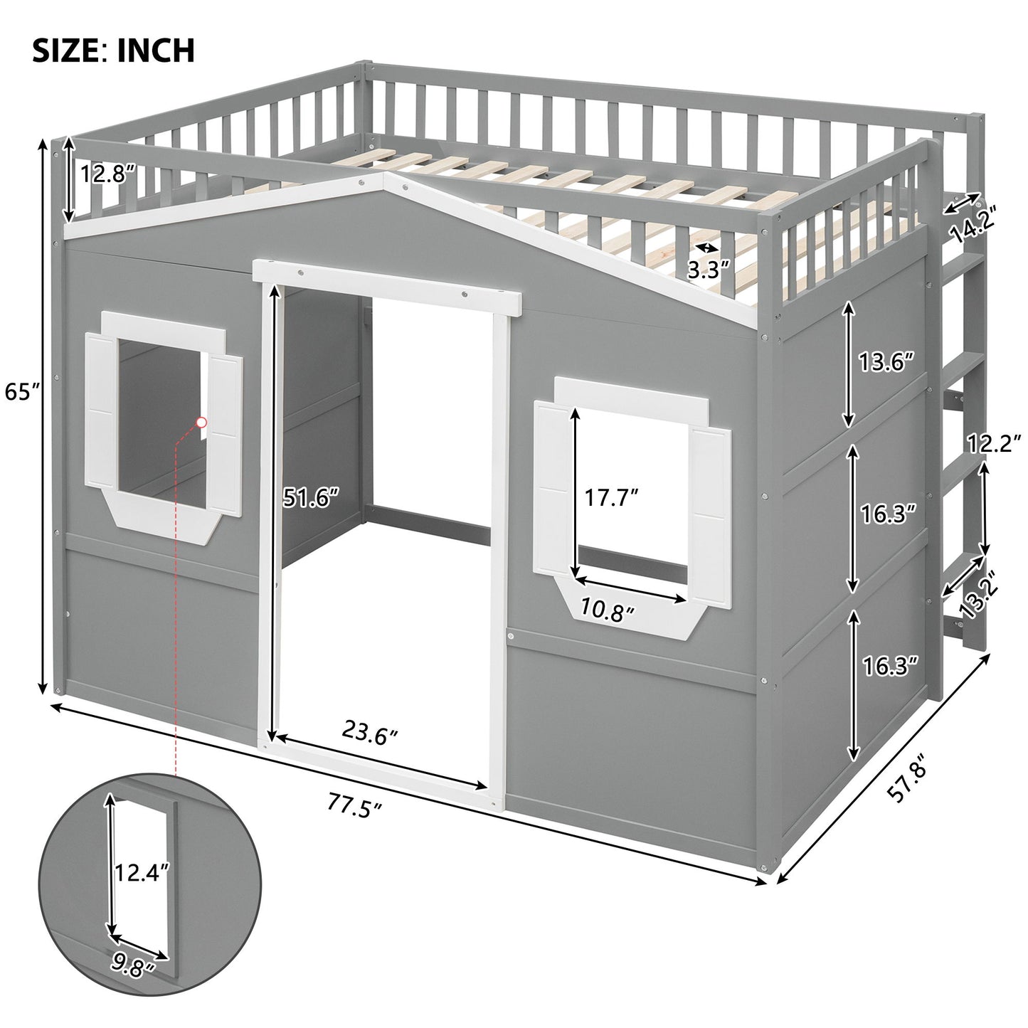 Full Size House Loft Bed With Ladder - Gray / White