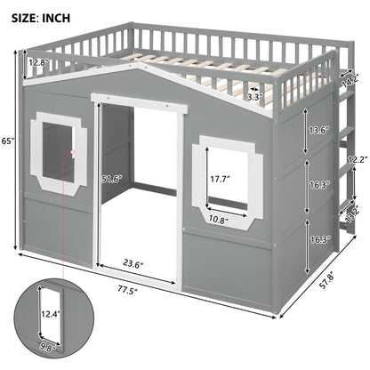 Full Size House Loft Bed With Ladder - Gray / White