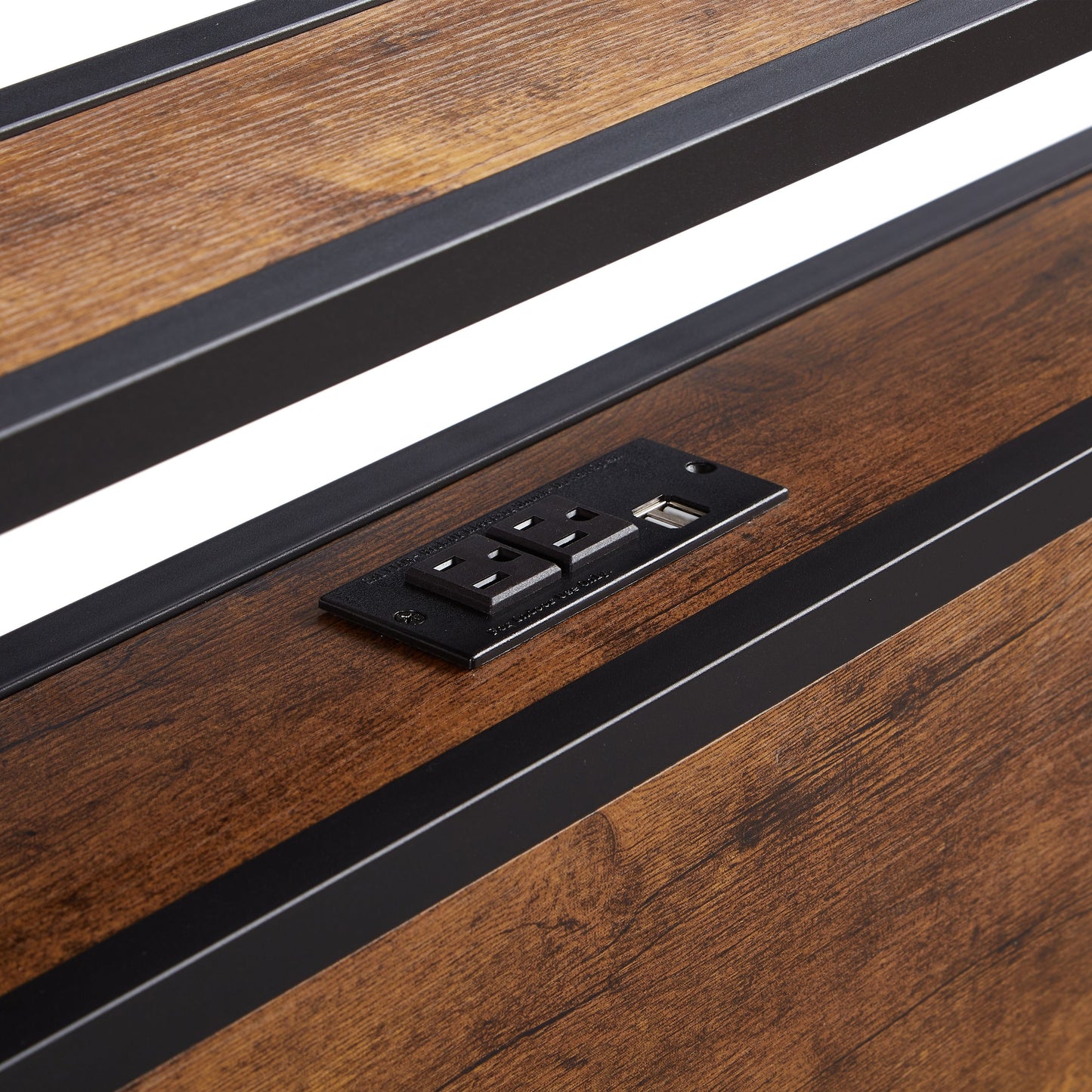 Modern Full Size Metal Platform Bed Frame With Wooden Headboard And Footboard, USB Charging Station, LED Lights, 2 Drawers, Easy Assemble - Brown / Black