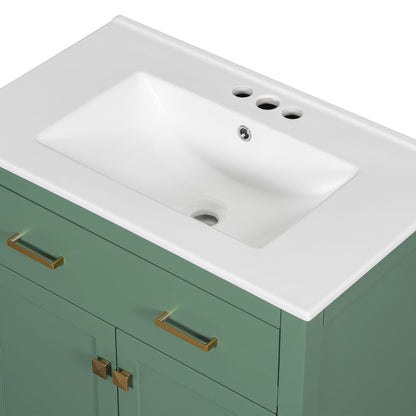 Bathroom Vanity With Ceramic Sink, Modern Single Bathroom Cabinet With 2 Doors And A Shelf, Soft Close Doors - Green