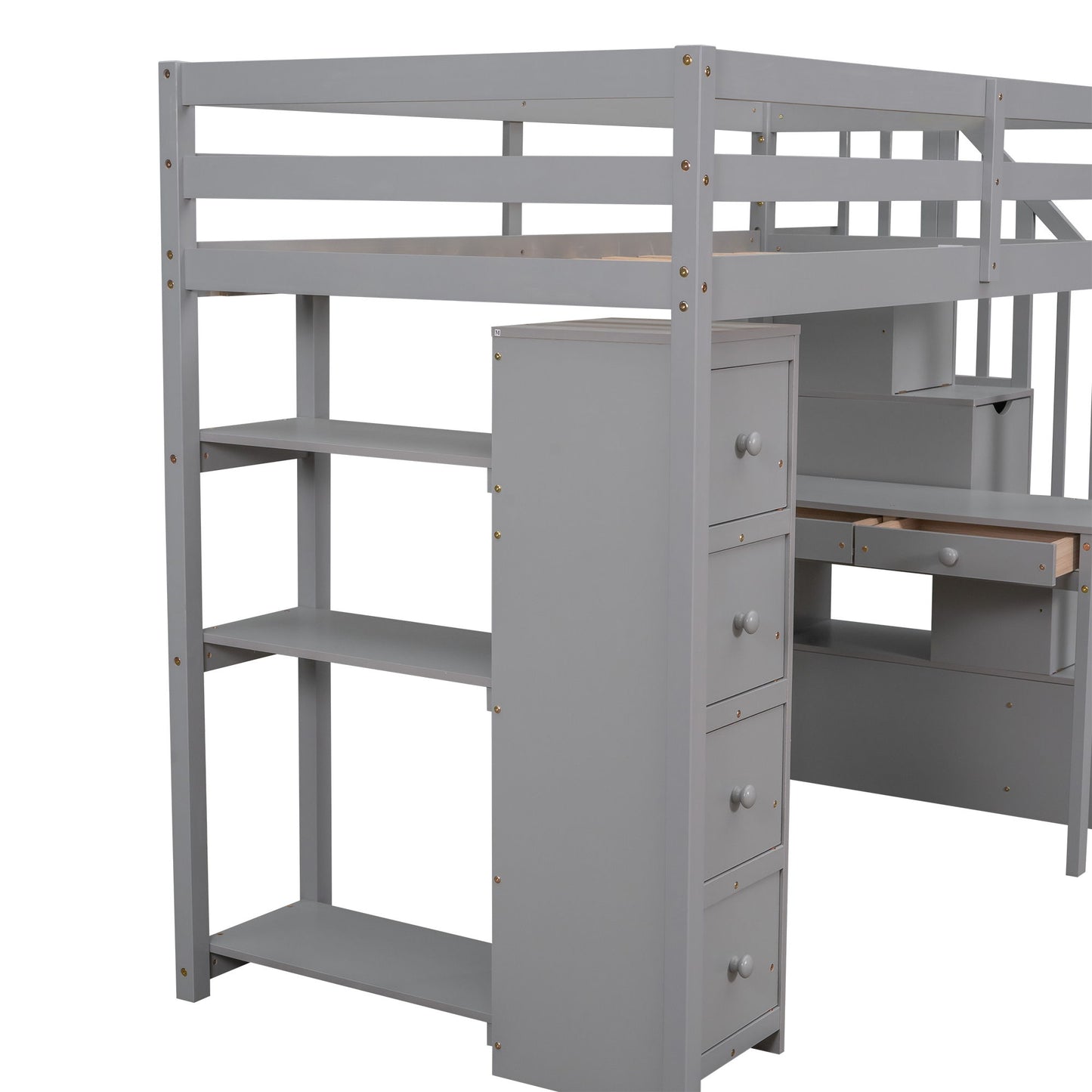 Twin Size Loft Bed With Storage Drawers, Desk And Stairs With Shelves - Gray