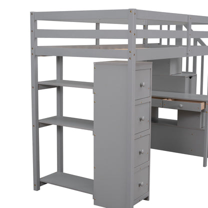 Twin Size Loft Bed With Storage Drawers, Desk And Stairs With Shelves - Gray