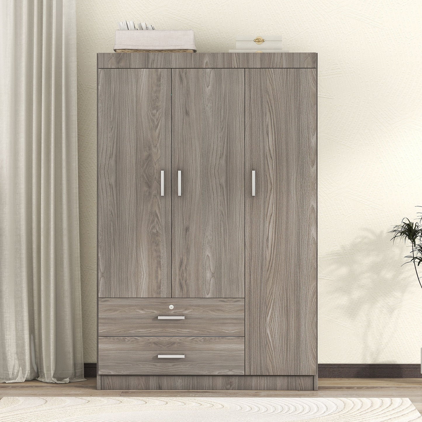 3 Door Wardrobe With 2 Drawers, Grain Effect - Gray