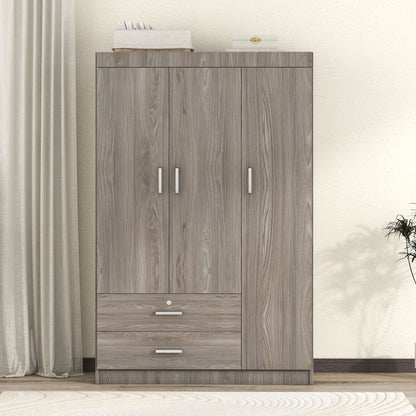 3 Door Wardrobe With 2 Drawers, Grain Effect - Gray