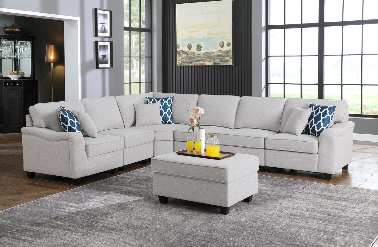 Leo - 7 Piece Modular L-Shape Sectional Sofa And Ottoman - Light Gray