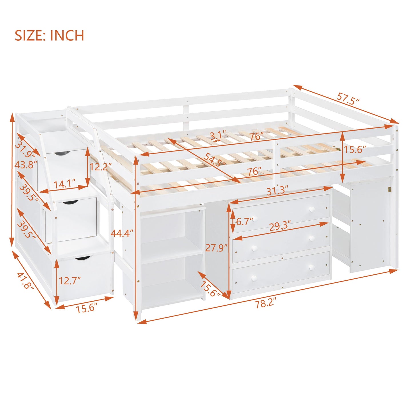 Full Size Loft Bed With Retractable Writing Desk And 3 Drawers With Storage Stairs And Shelves - White