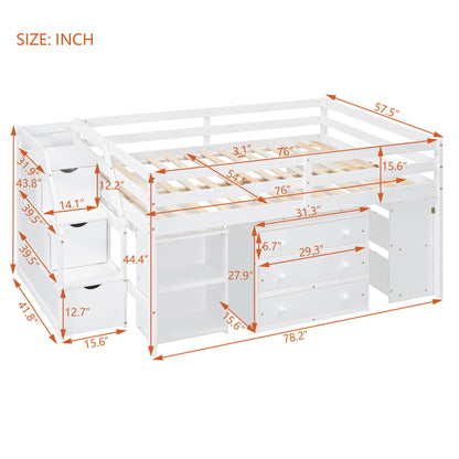 Full Size Loft Bed With Retractable Writing Desk And 3 Drawers With Storage Stairs And Shelves - White
