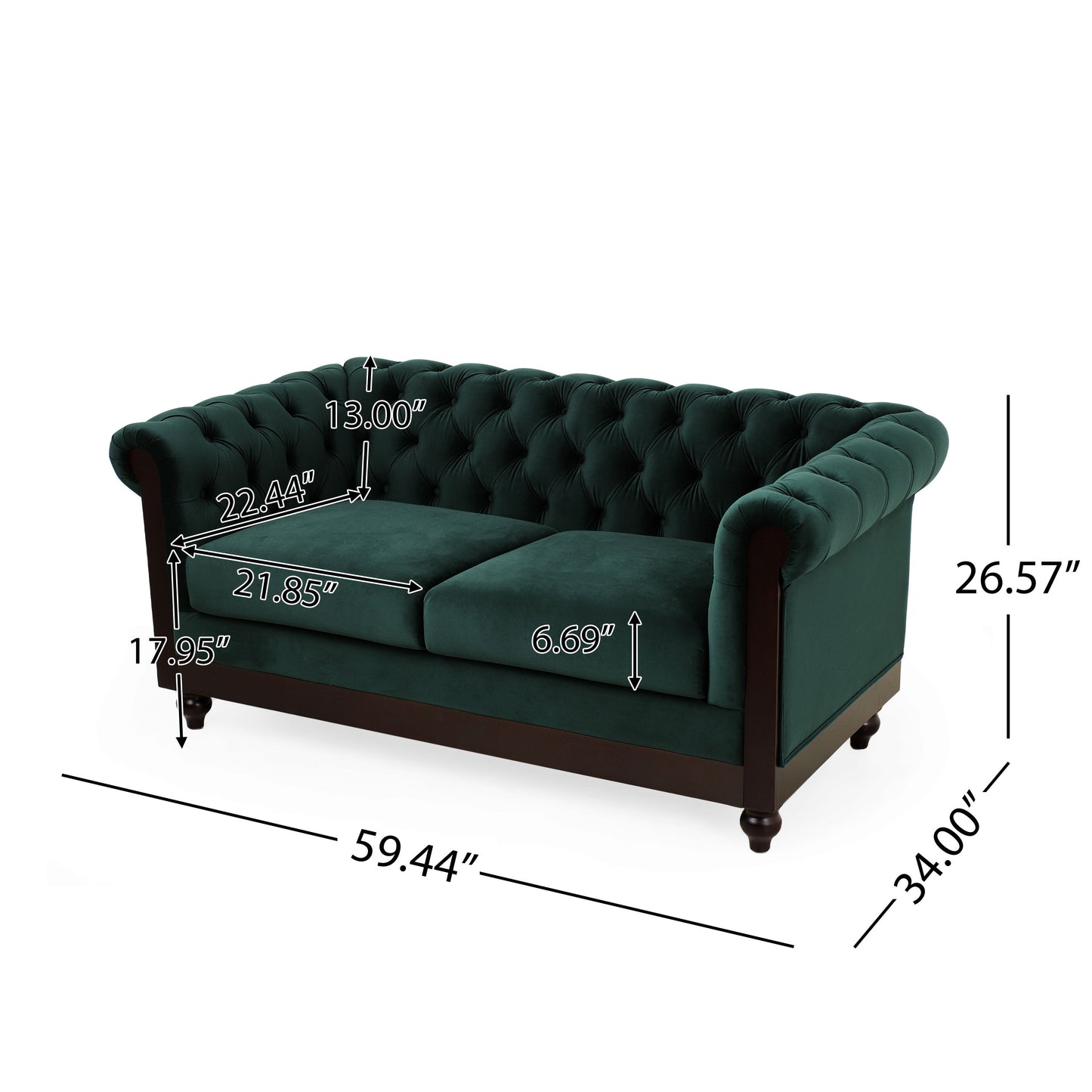 Chesterfield Velvet Loveseat Sofa 2 Person Rolled Arm Upholstered Couch - Forest Green