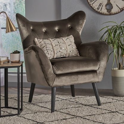Modern Velvet Arm Chair With Tufted Wingback Design - Gray
