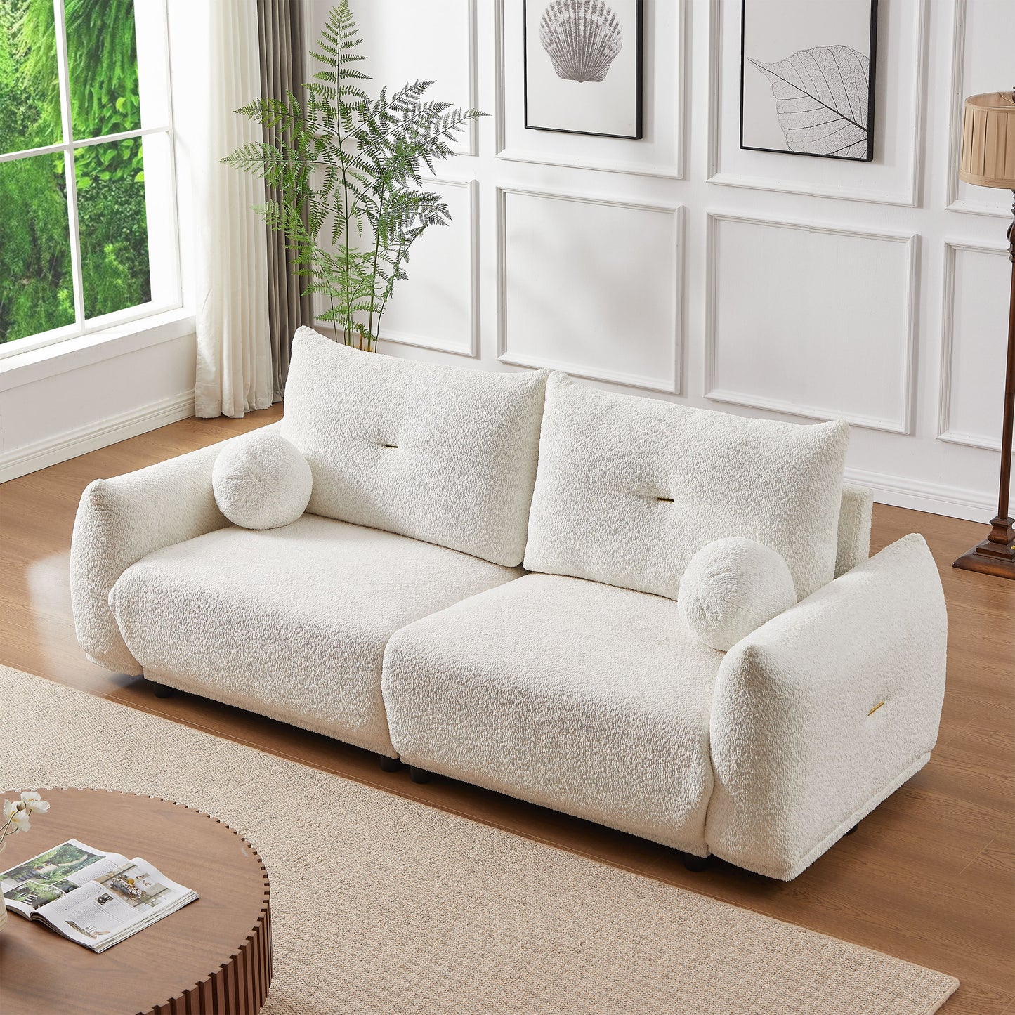 Lamb's Wool 2 Seater Cushion Sofa Comfortable Sofa For Living Room Bedroom And Other Casual Spaces Lamb's Wool Sofa With 2 Cushions And 2 Ball Pillows - White