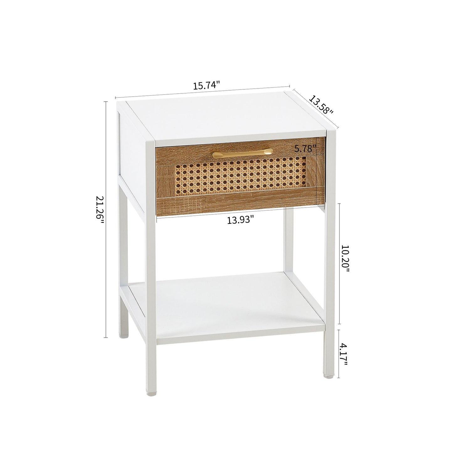 15.74" Rattan End Table With Drawer, Modern Nightstand, Metal Legs, Side Table For Living Room, Bedroom - White