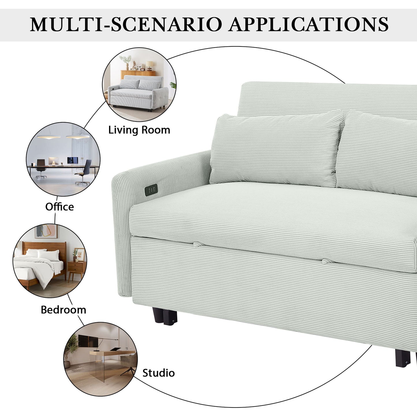 Pull Out Sofa Bed Convertible Couch 2 Seat Loveseat Sofa Modern Sleeper Sofa With 2 Throw Pillows And USB Ports For Living Room - Light Gray Green