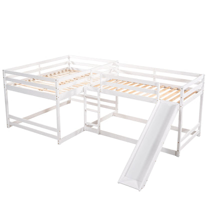Full And Twin Size L-Shaped Bunk Bed With Slide And Short Ladder - White