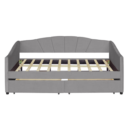 Twin Size Upholstered Daybed With Two Drawers And Slat - Gray