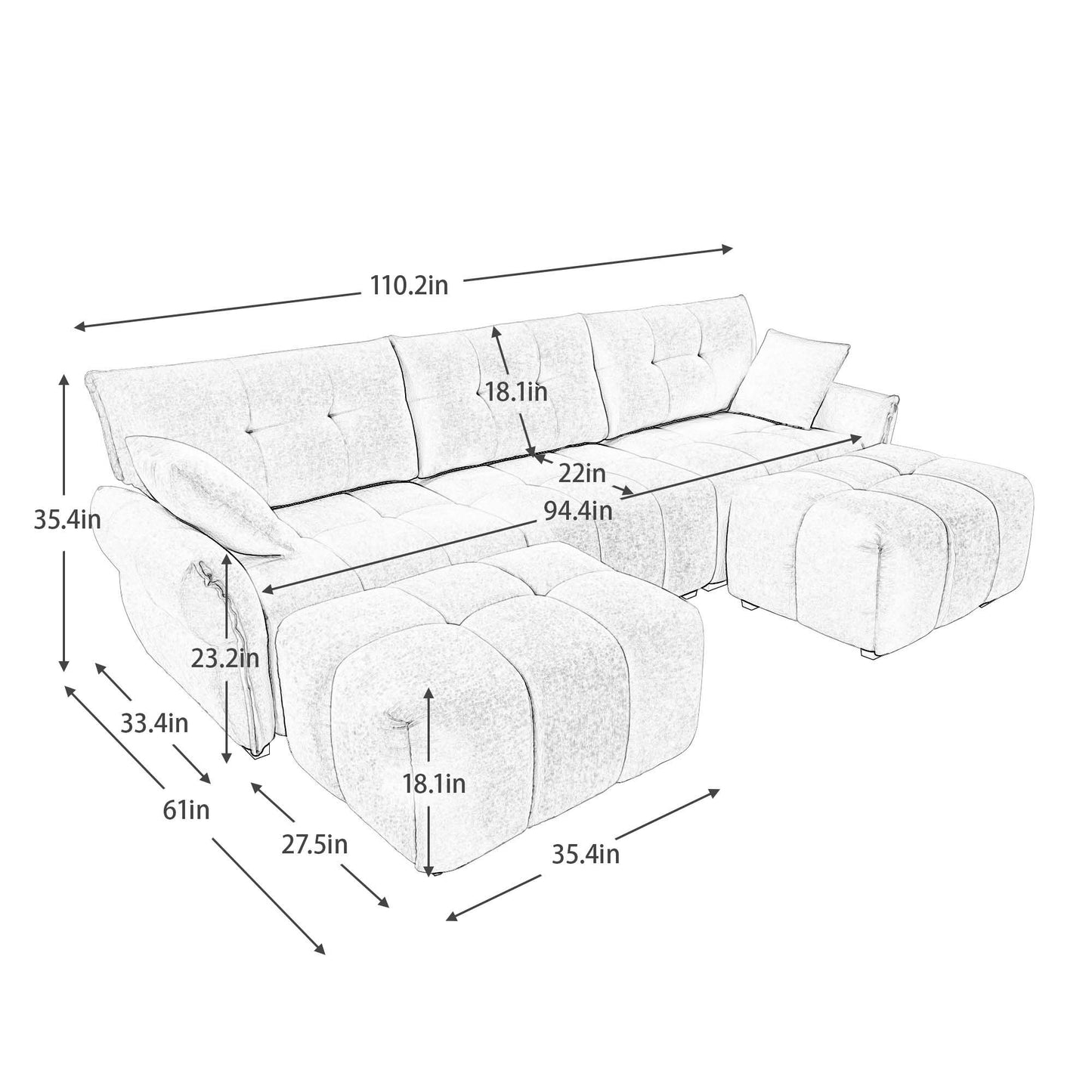 Elegant Textured 3 Seater Sofa Set With Ottoman And Throw Pillows Frame - Green