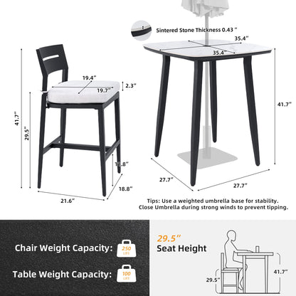 5 Pieces Modern Outdoor Bar Set, Sintered Stone Table With White Inspired Top & 4 Bar Stools, Sunbrella Cushions, Weather Resistant - Ember Black / White