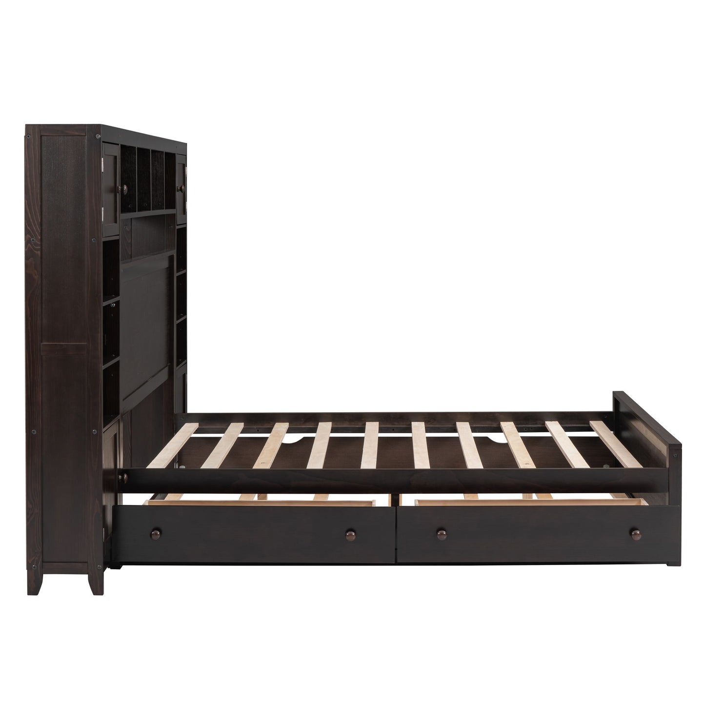 Full Size Bed With All In One Cabinet, Shelf And Sockets, Twin Size Trundle - Espresso