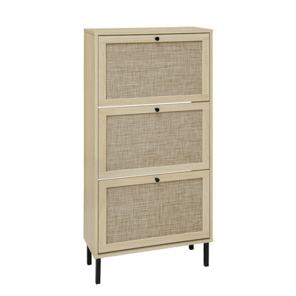 Modern Freestanding Rattan 3 Door Shoe Rack Storage Cabinet For Entryway - Natural Particle Board
