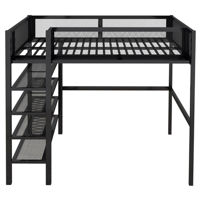 Full Size Loft Bed With 4 Tier Shelves And Storage - Black