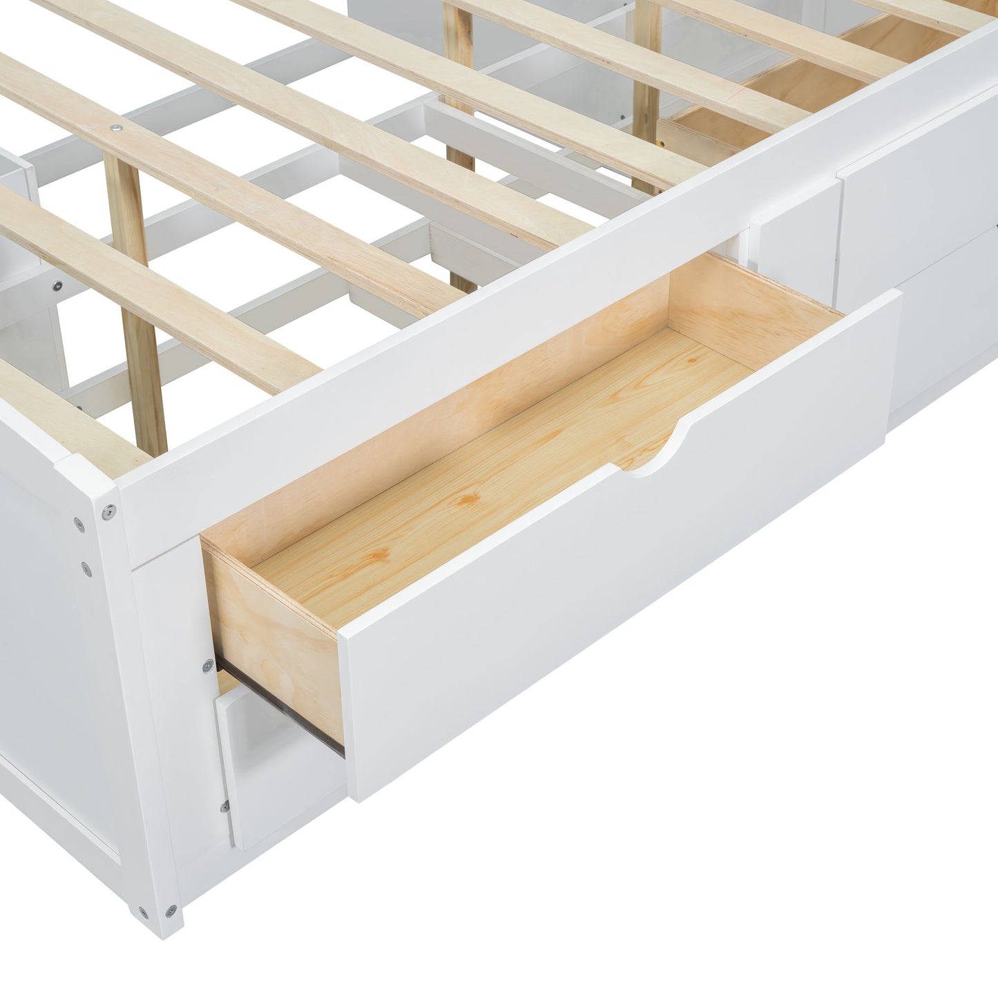 Full Size Daybed With 2 Bedside Cabinets, Upper Shelves And 4 Drawers - White