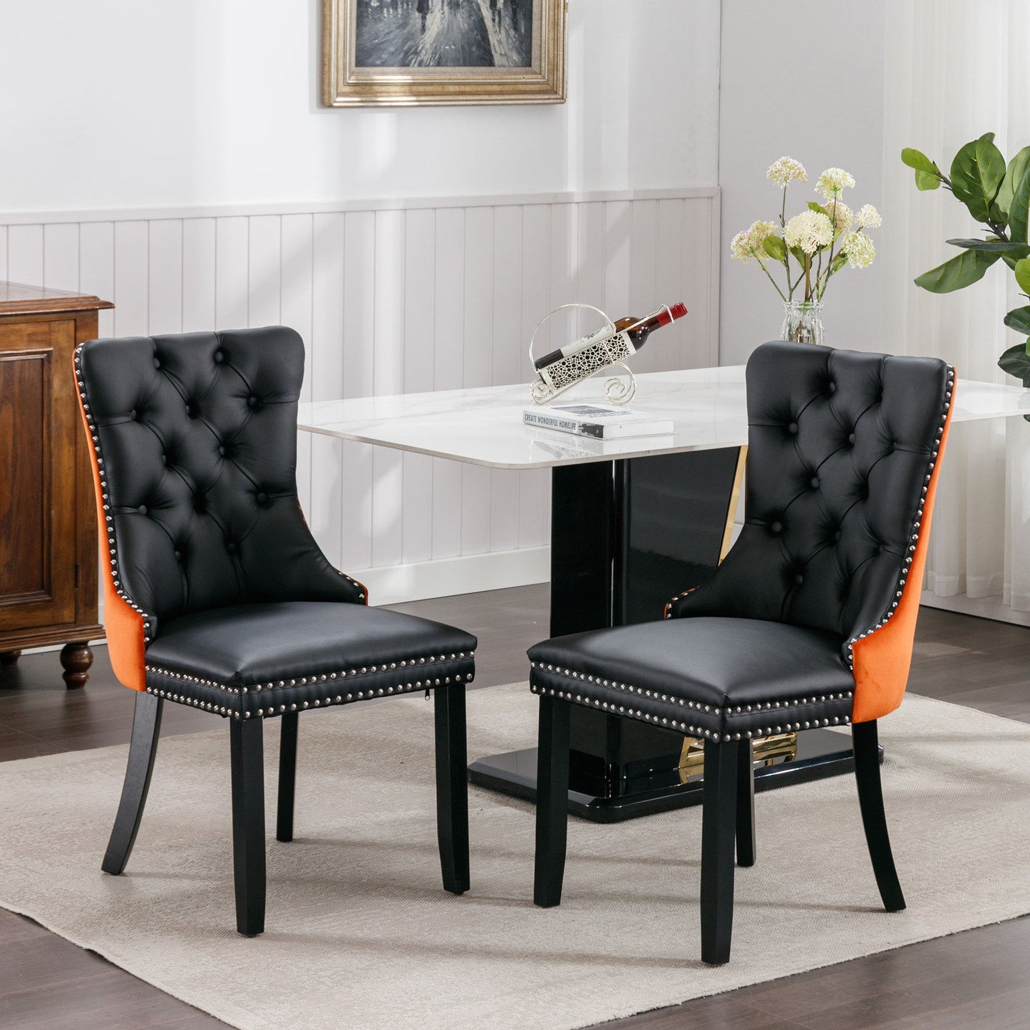 Nikki - Modern, High-End Tufted Solid Wood Contemporary And Velvet Upholstered Dining Chair With Wood Legs Nailhead Trim (Set of 2) - Black / Orange