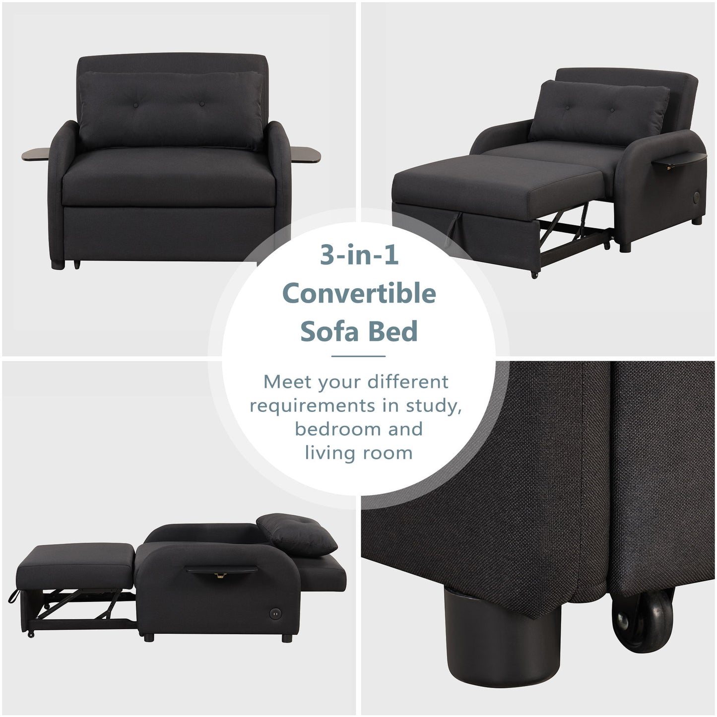 3 In 1 Pull Out Sofa Sleeper With Wing Table And USB Charge - Black