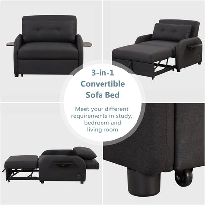 3 In 1 Pull Out Sofa Sleeper With Wing Table And USB Charge - Black