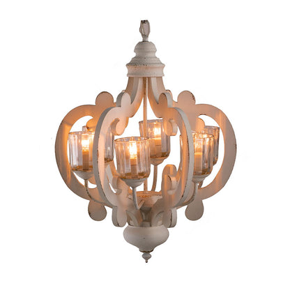 Farmhouse Chandelier, 6 Light Wood Chandelier Pendant Light Fixture With Adjustable Chain For Dining Room Living Room Entryway, Bulb Not Included - Cream
