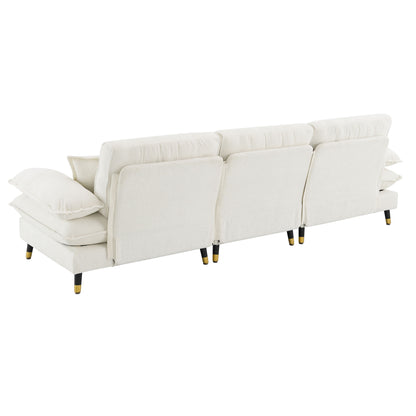 L Shaped Convertible Sectional Sofa 4 Seat Tufted Couch Set With Two Tone Adjust Legs Cloud Movable Ottoman - White