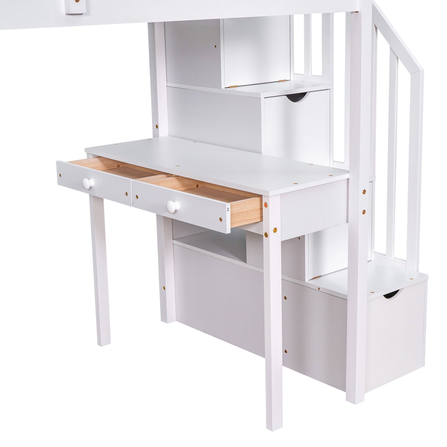 Twin Size Loft Bed With Storage Drawers, Desk And Stairs With Shelves - White
