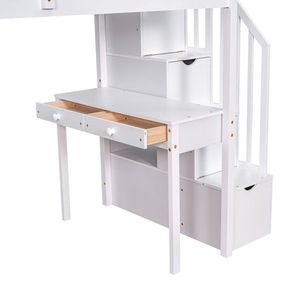 Twin Size Loft Bed With Storage Drawers, Desk And Stairs With Shelves - White