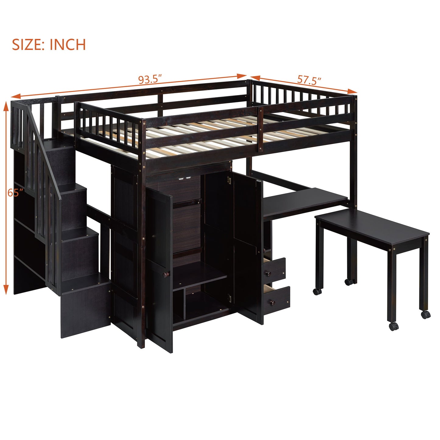 Full Size Loft Bed With Stairs, Bookshelf, Drawers, Desk & Wardrobe, Space Saving Multifunctional Furniture - Espresso