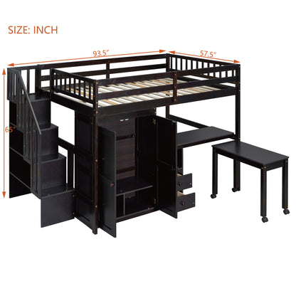 Full Size Loft Bed With Stairs, Bookshelf, Drawers, Desk & Wardrobe, Space Saving Multifunctional Furniture - Espresso