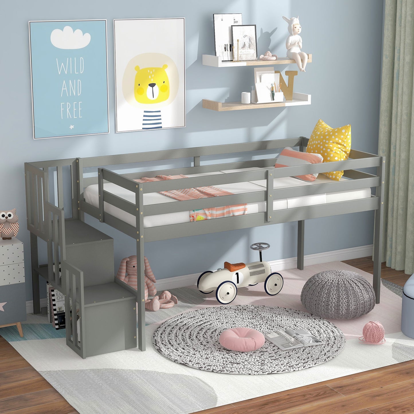 Loft Bed With Staircase - Gray
