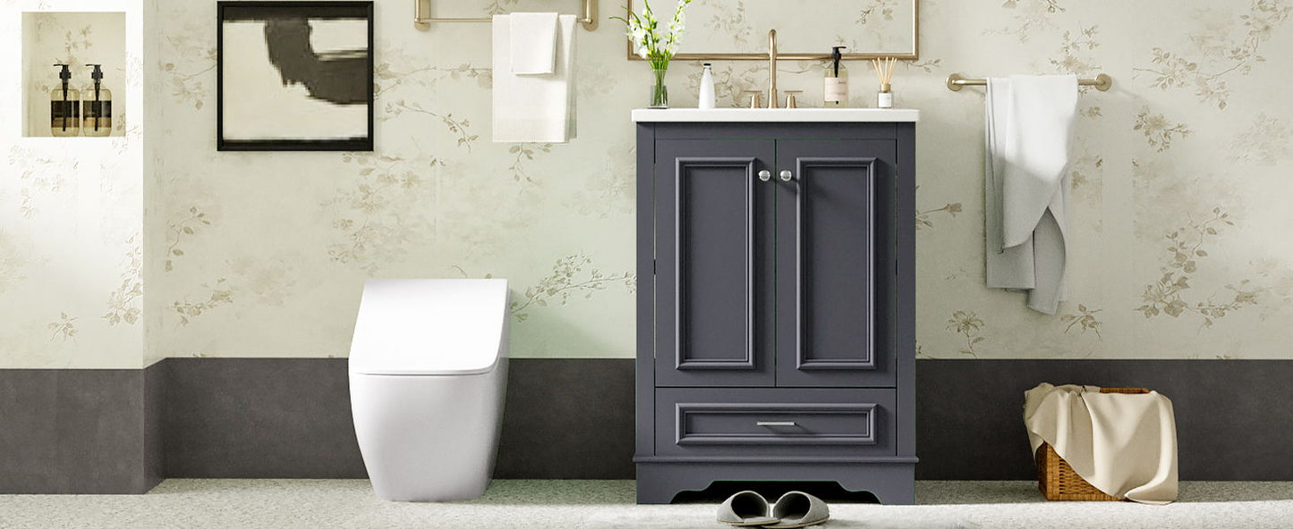 Bathroom Vanity With Ceramic Sink Combo, Modern Freestanding Storage Cabinet With Silver Handles, Soft Closing Doors - Blue Gray