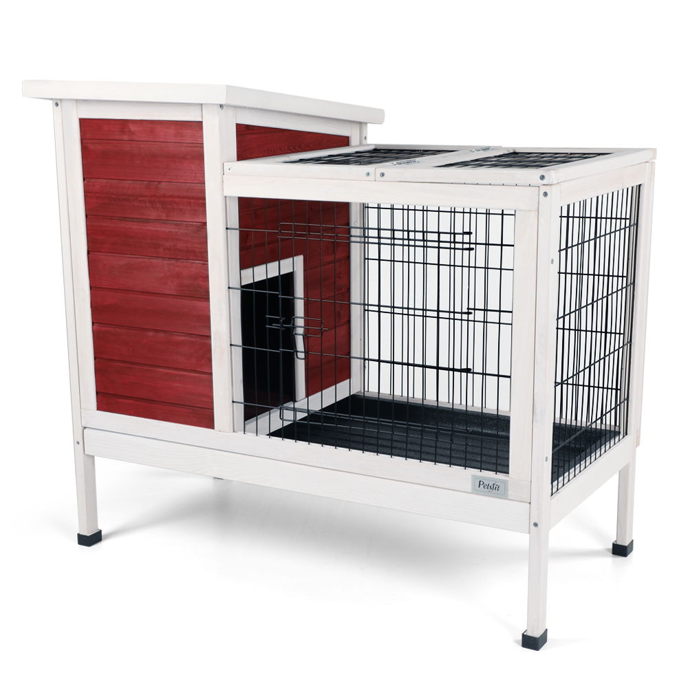 Two Tier Wooden Indoor / Outdoor Rabbit Cage For Small Animals With Runway And Leak-Proof Plastic Tray - Red