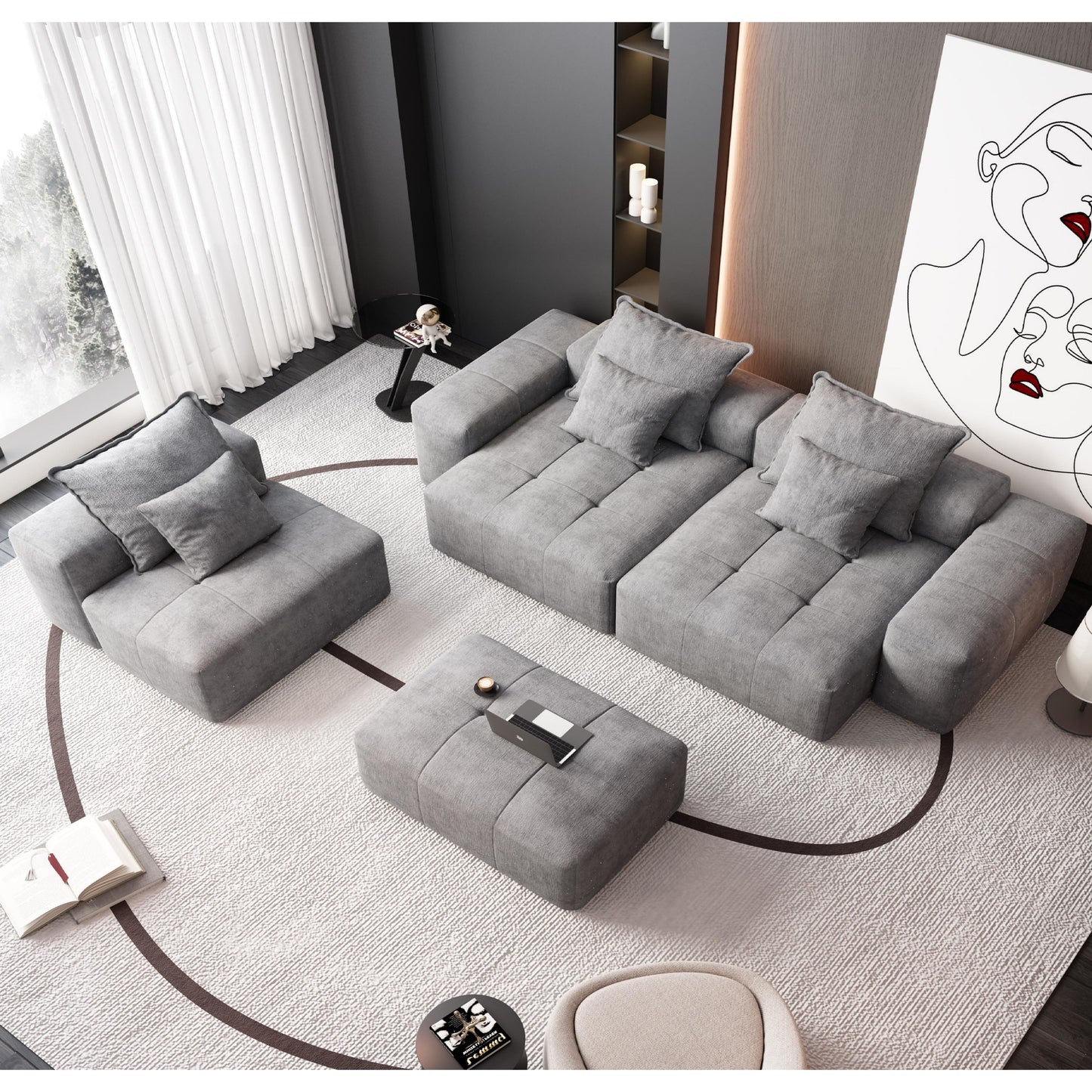 Modern Oversized Modular Sectional Sofa, Sparkling Fabric Soft Cushion Sofa With 6 Pillows, 6 Pieces Diy Combination Tufted Sofa, No Assembly Required - Gray
