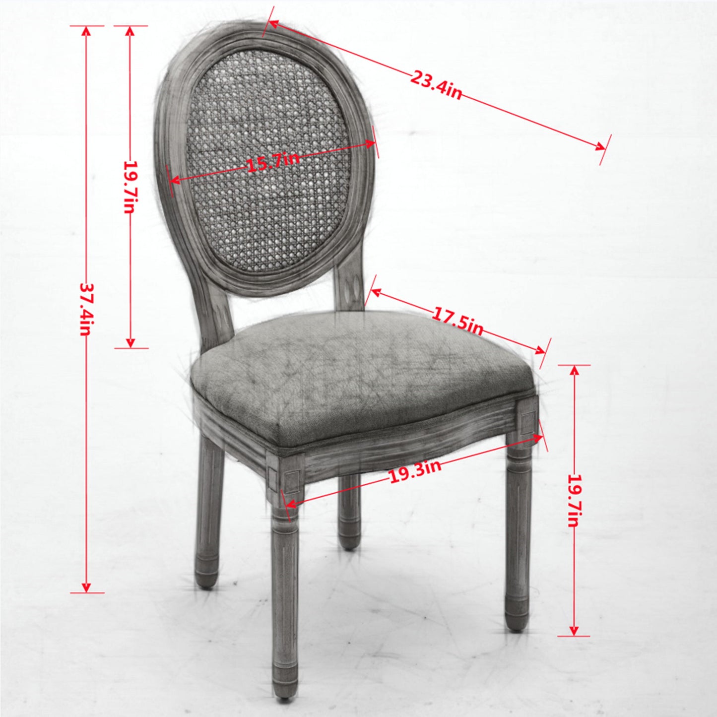 French Style Solid Wood Frame Antique Painting Linen Fabric Rattan Back Dining Chair (Set of 2) - Gray