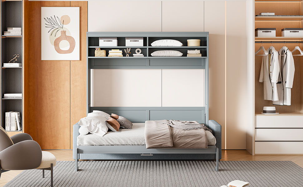 Queen Size Murphy Wall Bed With Sofa - Gray