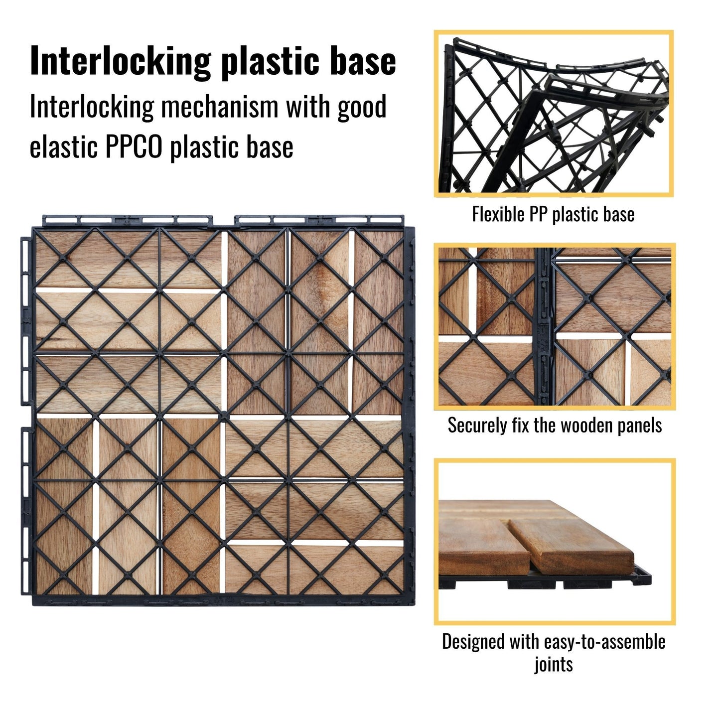 20 Piece Interlocking Deck Tiles Checker Pattern, Square Acacia Hardwood Outdoor Flooring For Patio, Bancony, Pool Side - Yellow