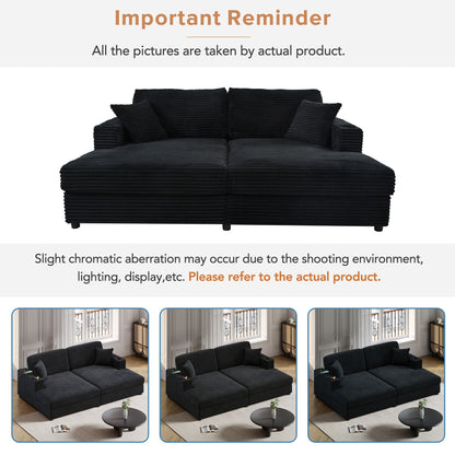 Oversized Loveseat Chaise Lounge Sectional Sofa Bed Corduroy Sleeper Sofa With 2 USB Ports, 2 Cup Holders And 2 Throw Pillows For Living Room And Bedroom - Black