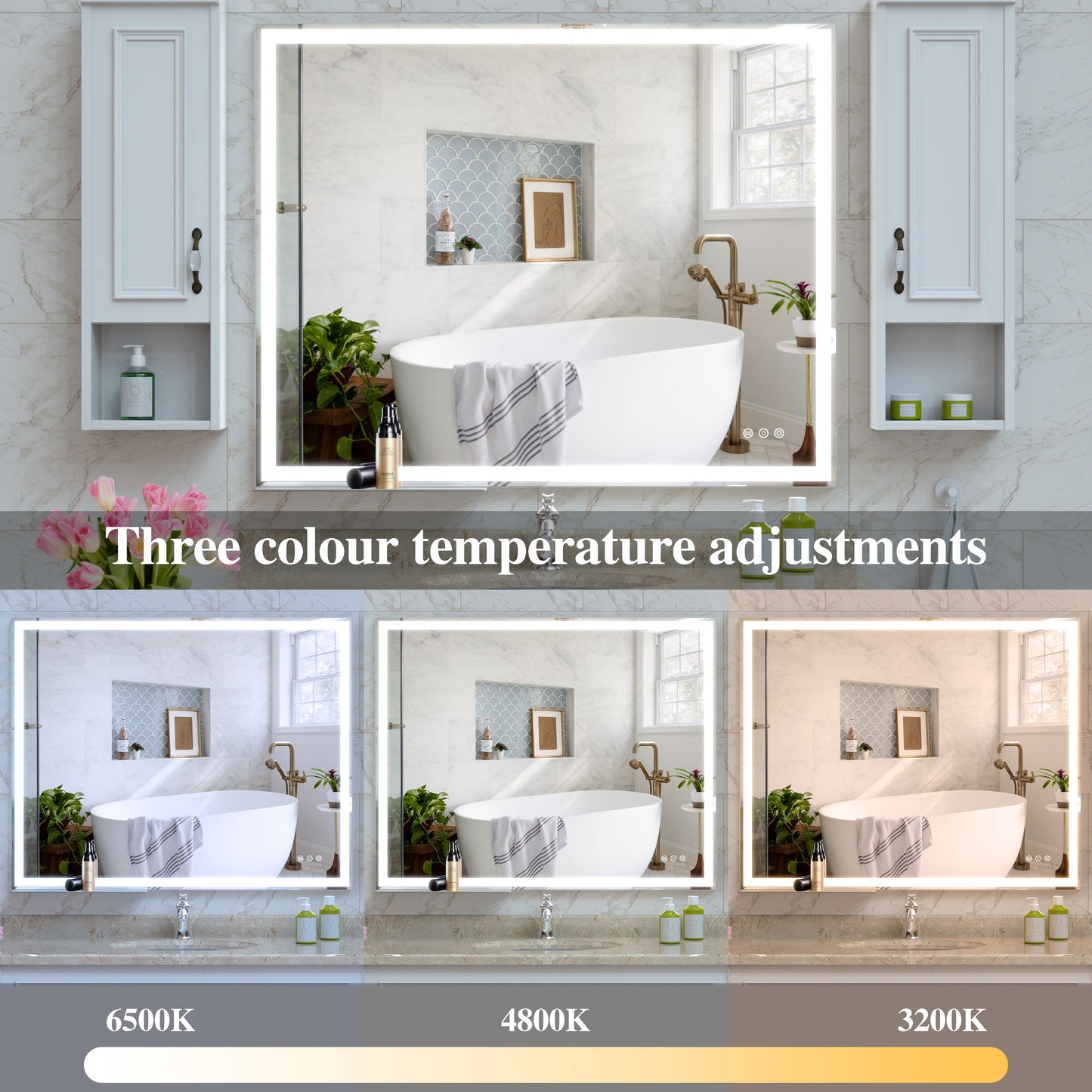 LED Bathroom Vanity Mirror, Wall Mounted Adjustable White / Warm / Natural Lights Anti-Fog Touch Switch With Memory Modern Smart Large Bathroom Mirrors - Silver