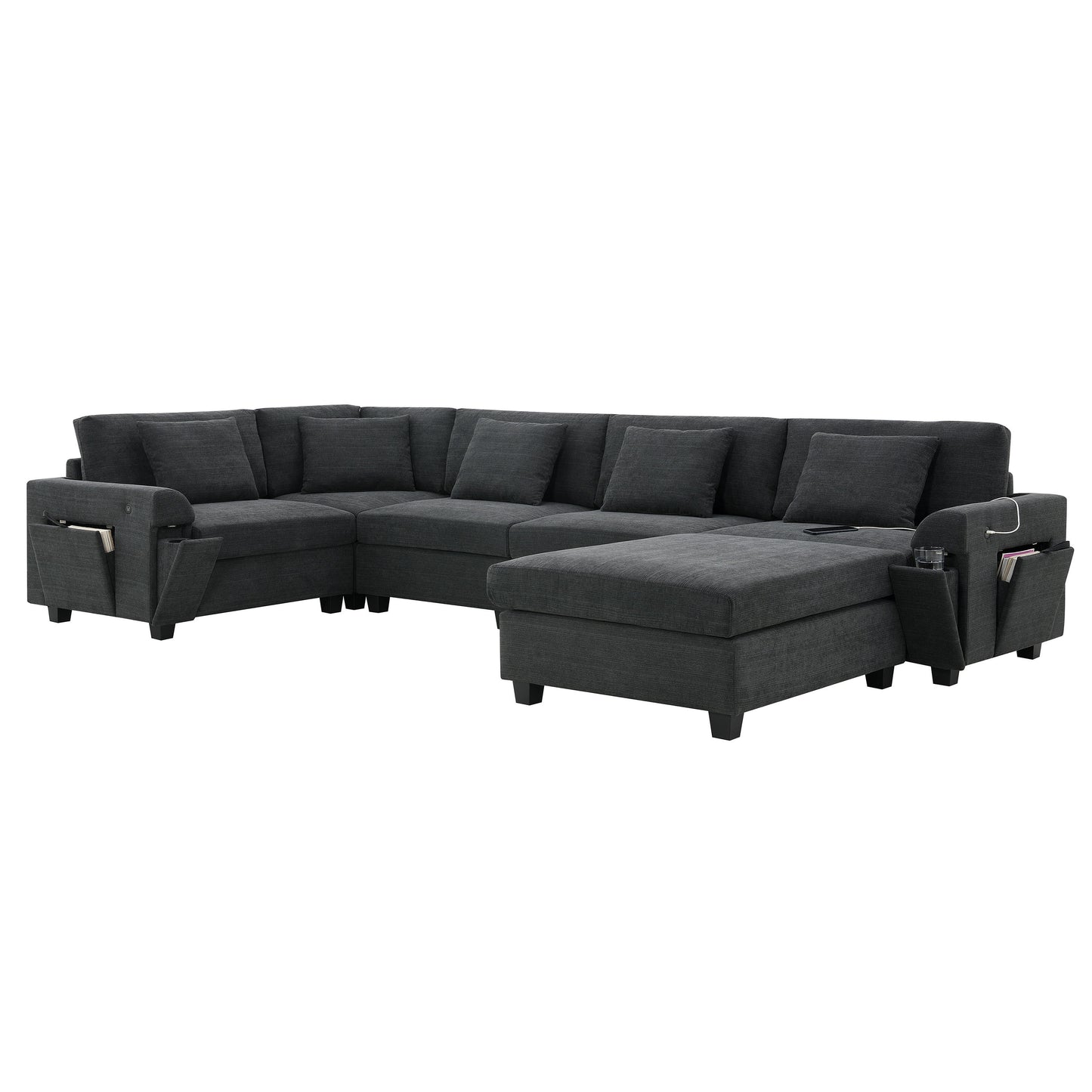 U Shaped Sectional Sofa 6 Seat Couch Set With Oversized Ottoman, Hidden Armrest Storage And Cup Holders USB Charging Ports Wide Seat Sofa - Black