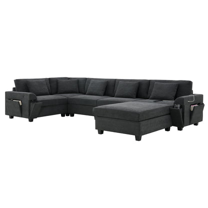 U Shaped Sectional Sofa 6 Seat Couch Set With Oversized Ottoman, Hidden Armrest Storage And Cup Holders USB Charging Ports Wide Seat Sofa - Black