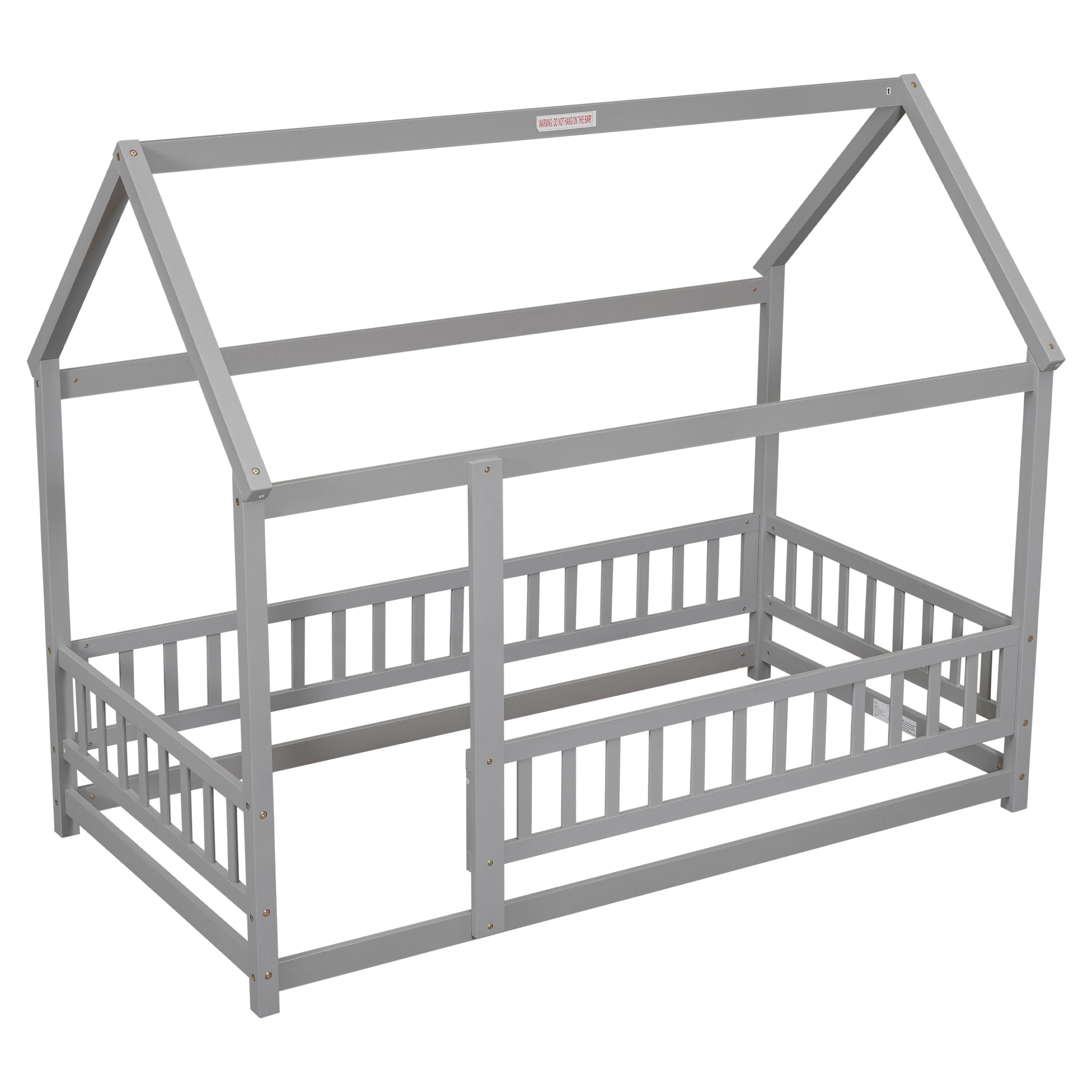 Twin Size Floor Wooden Bed With House Roof Frame, Fence Guardrails - Gray