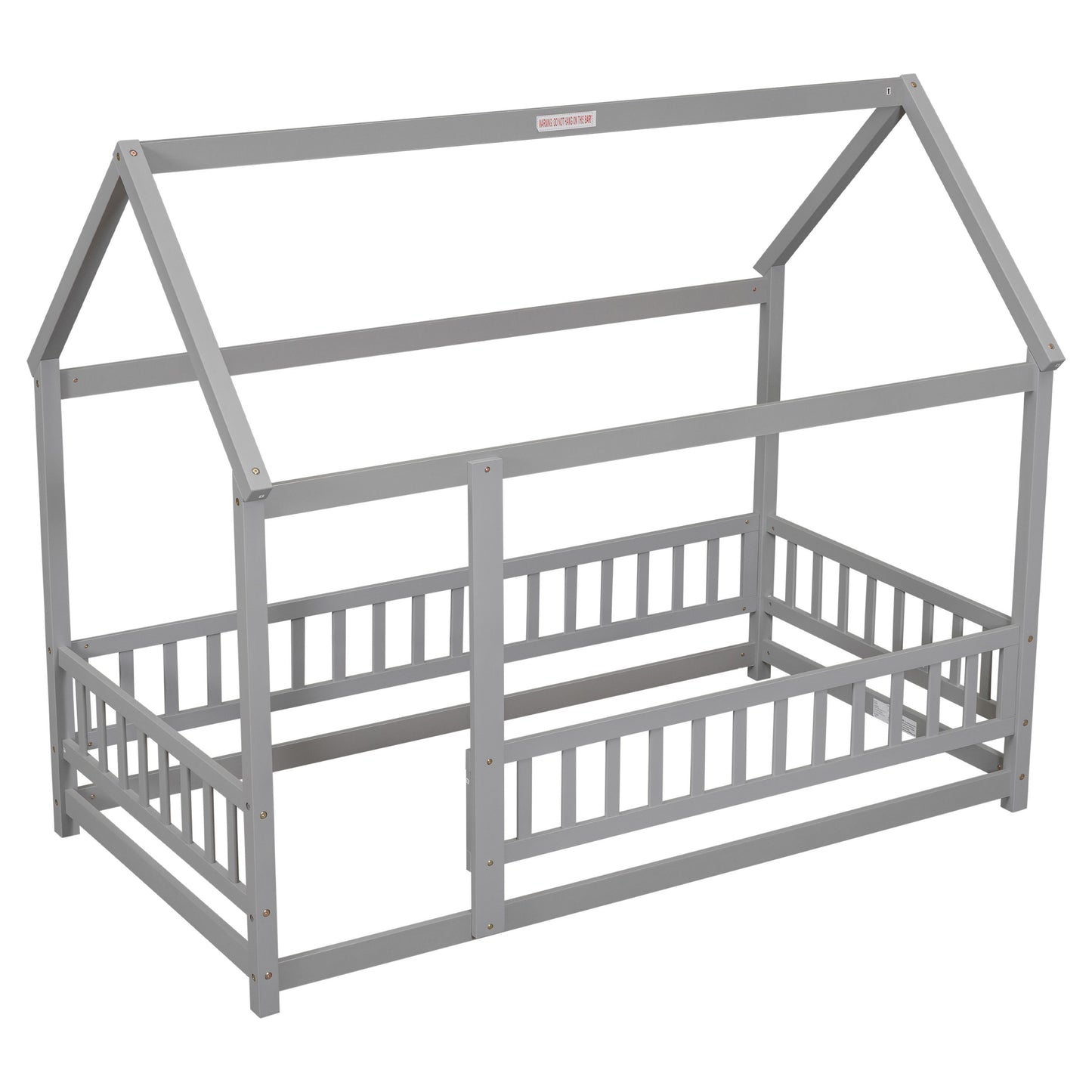 Twin Size Floor Wooden Bed With House Roof Frame, Fence Guardrails - Gray