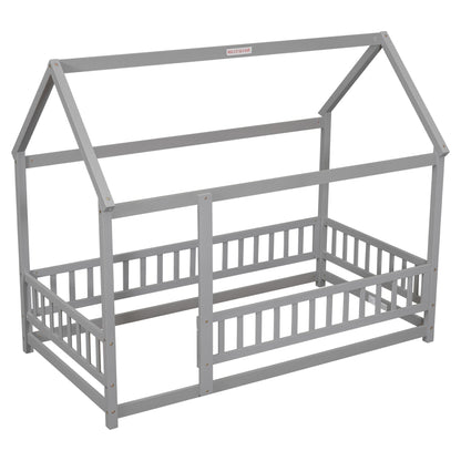 Twin Size Floor Wooden Bed With House Roof Frame, Fence Guardrails - Gray